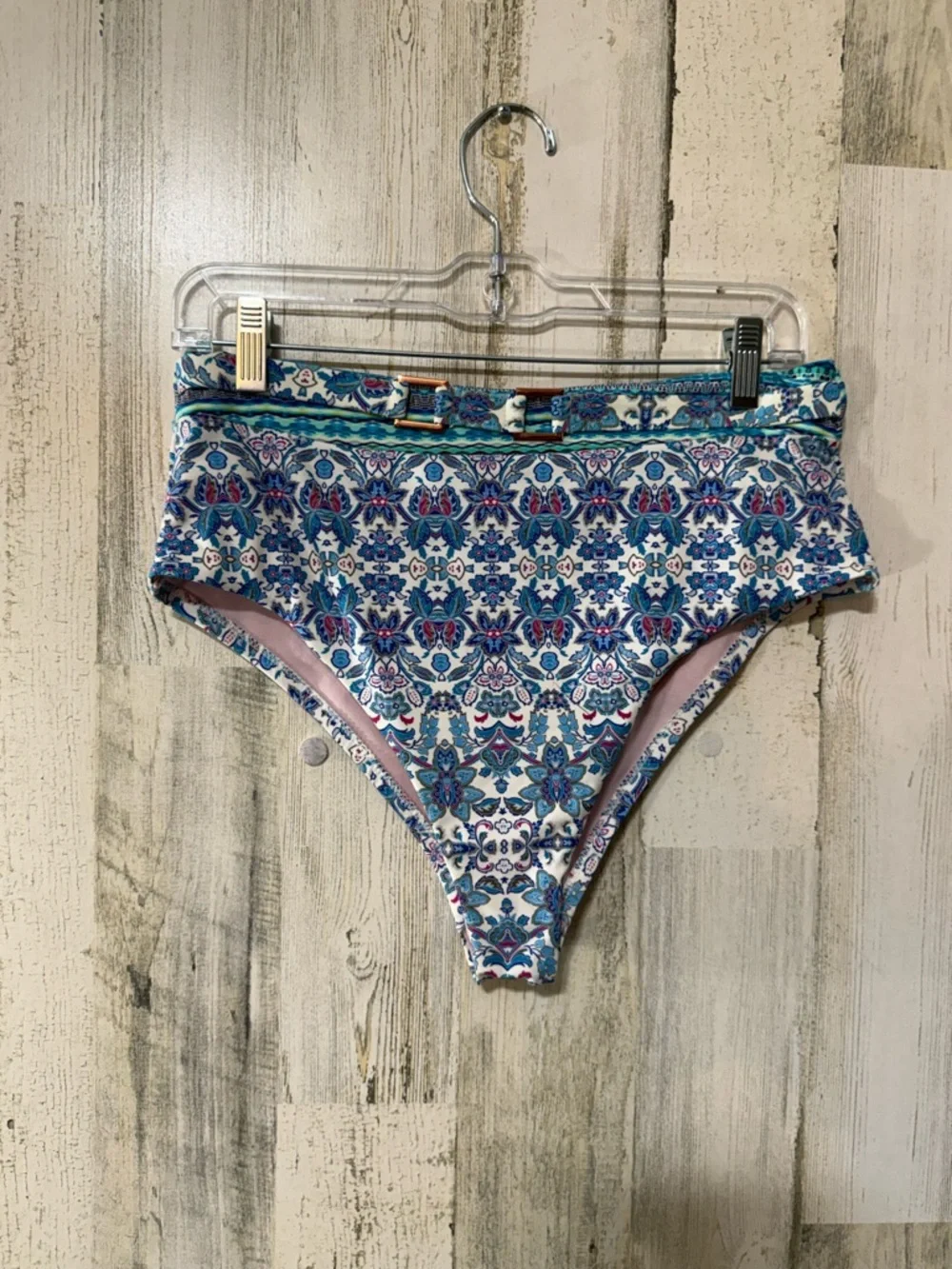 Nanette Lepore Belted Blue Pink Floral High-Waist Bikini Bottom
